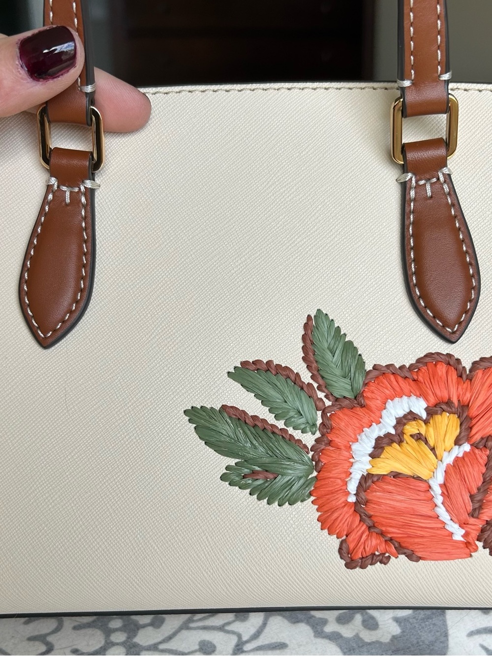 Tory Burch Cream Satchel with Orange, Yellow & Green Floral Embroidery - Picture 5 of 10